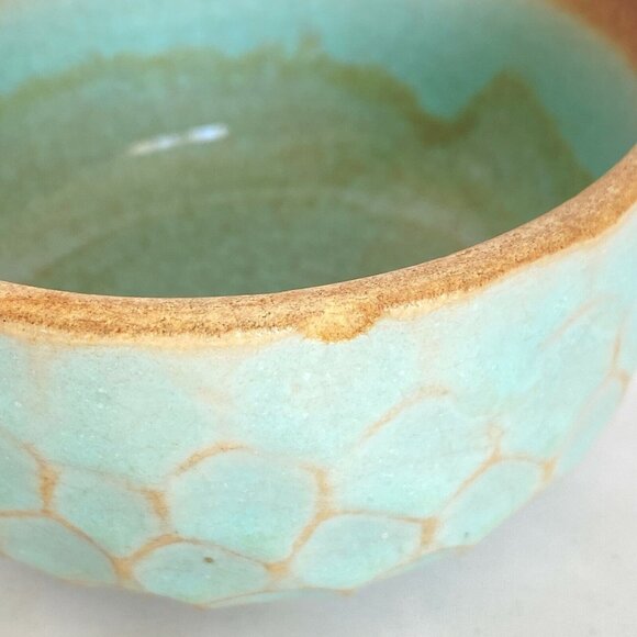 Vintage Celadon Blue Green Honeycomb Glazed Covered Bowl Lid Trinket Box 3.2" - Picture 4 of 11